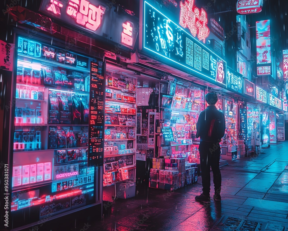 A cyber marketplace alive with energy as a venture disrupts the status quo, neon-lit stalls and holographic deals, sleek and advanced aesthetics A cyber marketplace alive with energy as a venture disrupts the status quo, neon-lit stalls and holographic deals, sleek and advanced aesthetics