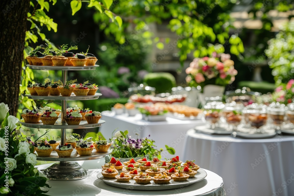Catering setup in a summer garden with tables arranged for an event, featuring an assortment of tartlets, canapes, and appetizers. The scene highlights an elegant outdoor dining experience. Catering setup in a summer garden with tables arranged for an event, featuring an assortment of tartlets, canapes, and appetizers. The scene highlights an elegant outdoor dining experience.