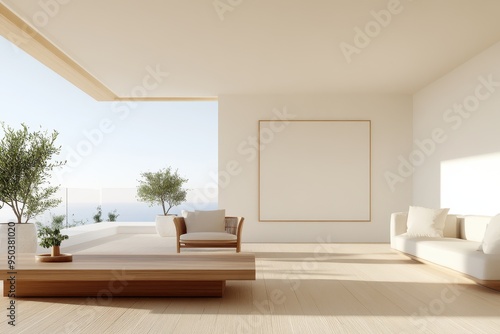 Serene Minimalist Balcony with Neutral Tones and Light Wood Flooring, Open and Airy Side View