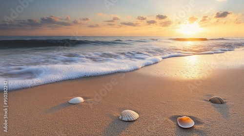 A deserted beach at sunrise with soft waves gently lapping the shore and seashells scattered in the sand