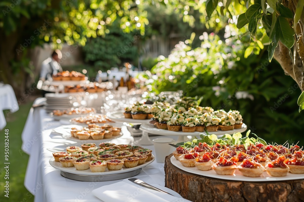 Catering setup in a summer garden with tables arranged for an event, featuring an assortment of tartlets, canapes, and appetizers. The scene highlights an elegant outdoor dining experience. Catering setup in a summer garden with tables arranged for an event, featuring an assortment of tartlets, canapes, and appetizers. The scene highlights an elegant outdoor dining experience.