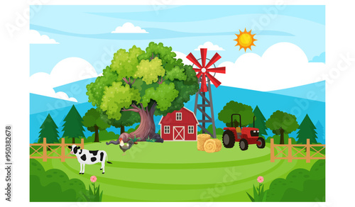 Εκτύπωση καμβά Green Farm Cartoon Animation Background , Farm Beautiful Summer Landscape, Farm