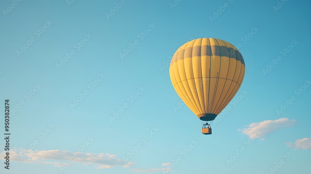 Obraz premium A hot air balloon flying in the sky, with a yellow and black checkered pattern. Against a clear blue background with copy space
