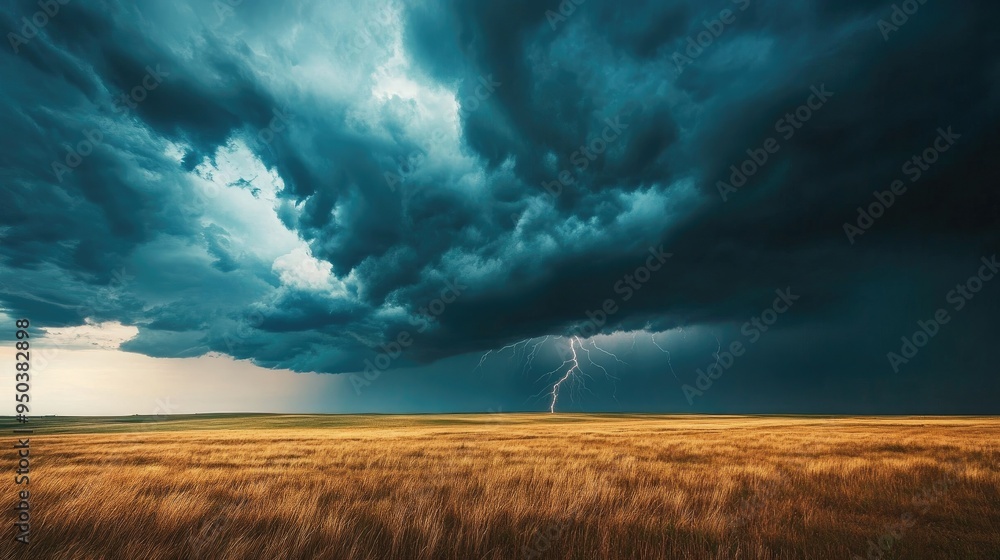 A dramatic view of a thunderstorm approaching over a vast open prairie, with dark clouds and lightning A dramatic view of a thunderstorm approaching over a vast open prairie, with dark clouds and lightning