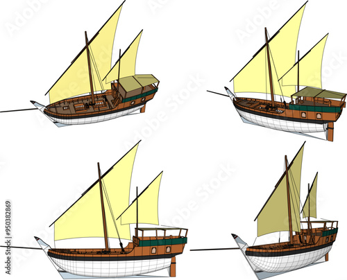 Vector sketch illustration of a wooden sailboat design for sailing on the high seas copy