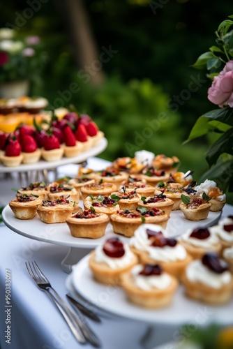 Catering setup in a summer garden with tables arranged for an event, featuring an assortment of tartlets, canapes, and appetizers. The scene highlights an elegant outdoor dining experience. photo