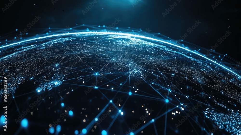 Obraz premium A globe with a digital network overlay, representing global internet connectivity, on a dark background