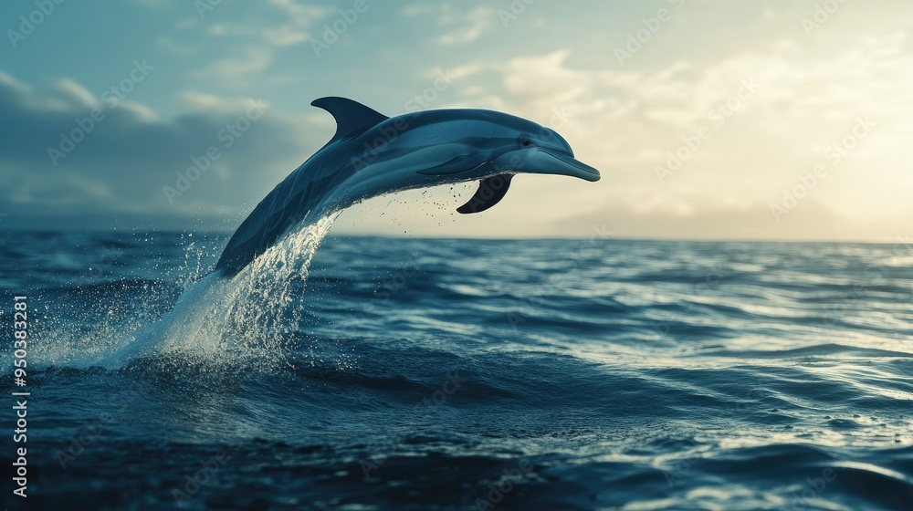 Obraz premium A graceful dolphin leaping out of the ocean, with water splashing around it and the horizon in the distance