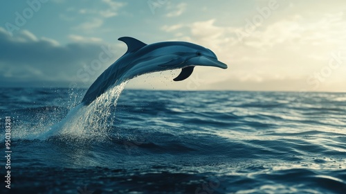 A graceful dolphin leaping out of the ocean, with water splashing around it and the horizon in the distance