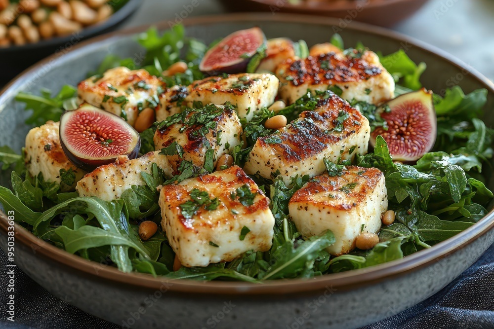 vibrant mediterranean salad with grilled halloumi fresh figs arugula and toasted pine nuts drizzled with honey balsamic dressing vibrant mediterranean salad with grilled halloumi fresh figs arugula and toasted pine nuts drizzled with honey balsamic dressing