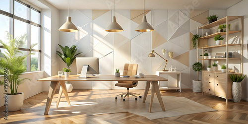 Modern Minimalist Home Office: Sun streams through large windows, illuminating a stylish and functional workspace with a wooden desk, comfortable chair, and a mix of greenery and geometric decor. Perf photo