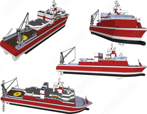 Vector sketch illustration of combat warship design with full weapons equipment and rescue boats