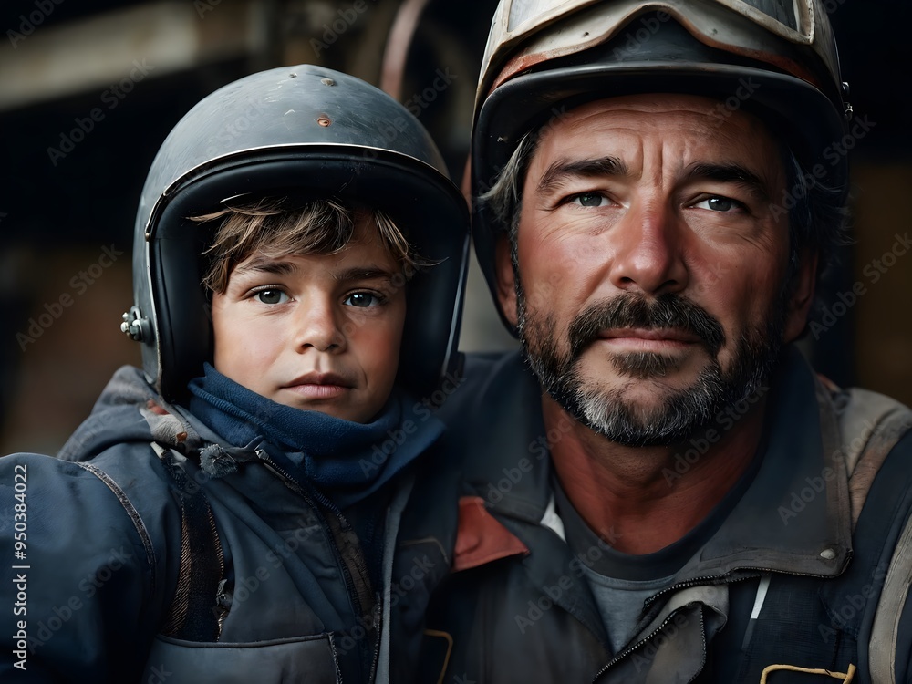 Father and son wearing helmets pose together in a workshop setting during sunset Father and son wearing helmets pose together in a workshop setting during sunset