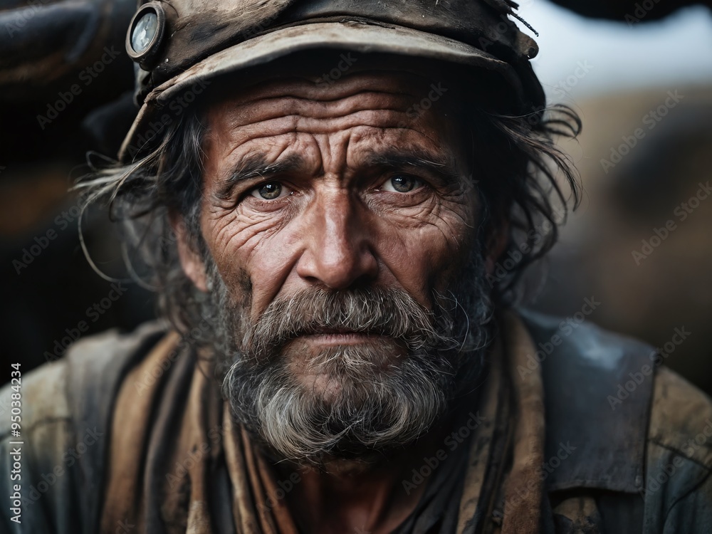 Weathered miner with piercing eyes reflecting a lifetime of hard work and determination in a rugged outdoor setting Weathered miner with piercing eyes reflecting a lifetime of hard work and determination in a rugged outdoor setting
