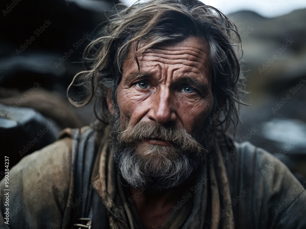 A rugged man with a beard and weathered skin stares solemnly into the distance on a rocky terrain under cloudy skies A rugged man with a beard and weathered skin stares solemnly into the distance on a rocky terrain under cloudy skies