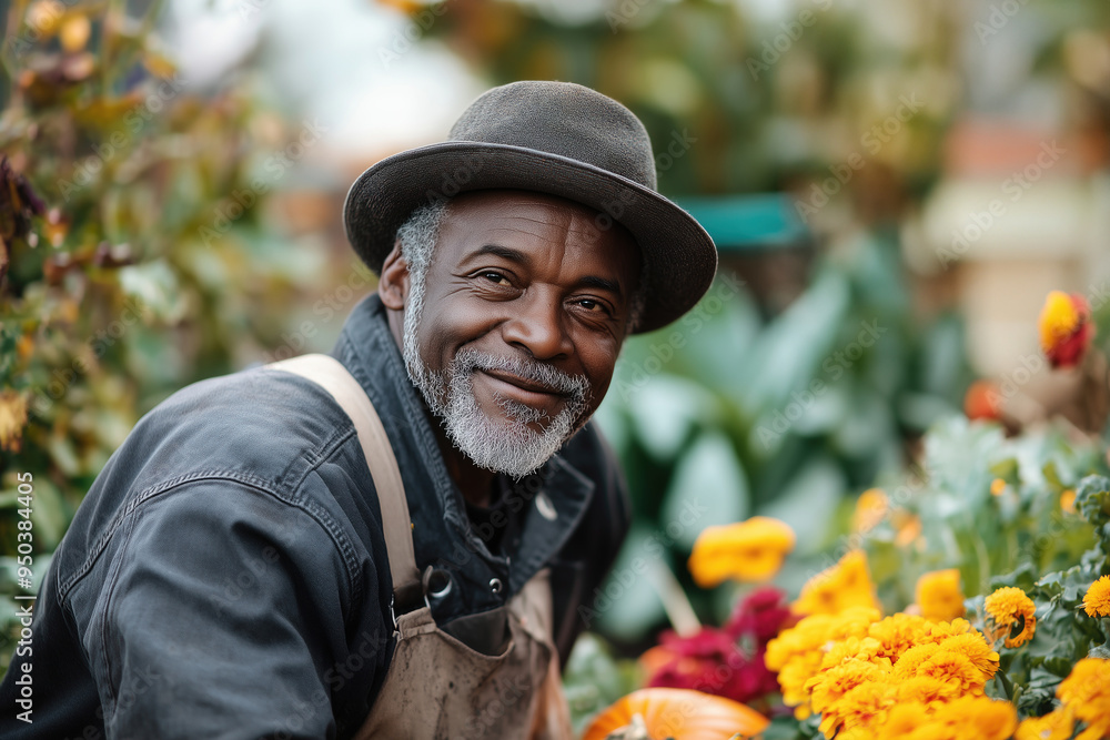 Senior adult smiling black man in hat gardening in his autumn garden with flowers. Background with copy space on the right. Gardening people. Senior adult smiling black man in hat gardening in his autumn garden with flowers. Background with copy space on the right. Gardening people.