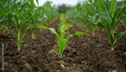 Young Corn Seedlings in Fertile Soil at Sunrise