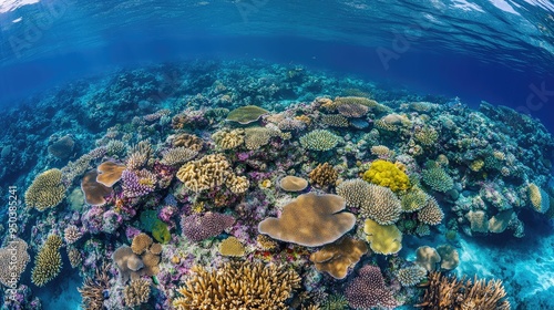 A panoramic view of a vibrant coral reef teeming with marine life, seen from above crystal-clear water