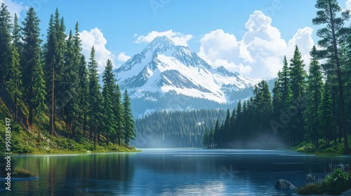 A peaceful lake surrounded by towering evergreen trees, with a snow-covered mountain in the background