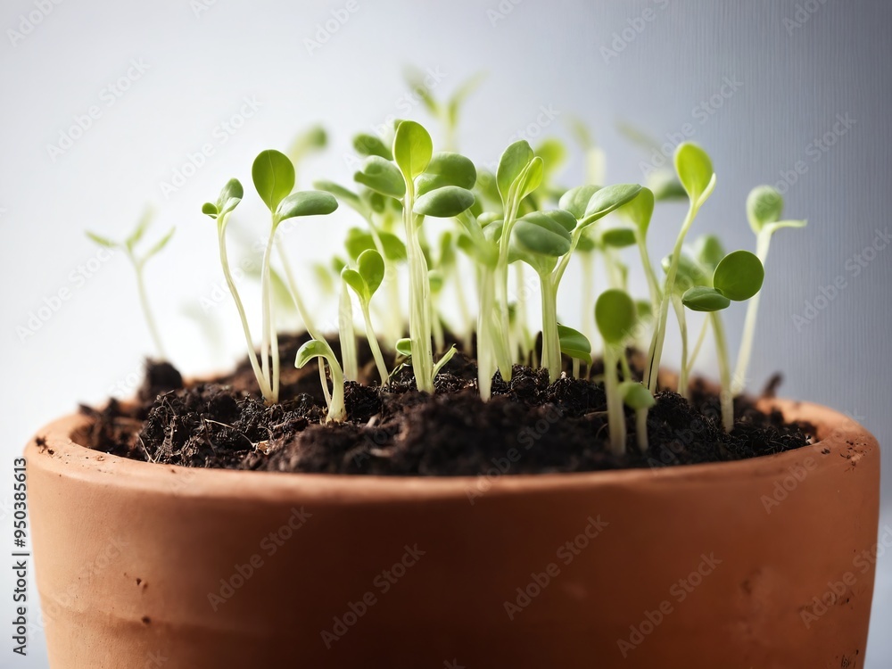 Green seedlings emerging in a terracotta pot with rich soil, symbolizing growth and renewal indoors Green seedlings emerging in a terracotta pot with rich soil, symbolizing growth and renewal indoors