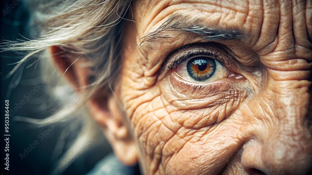 A detailed close-up of an elderly woman's eye, showcasing deep wrinkles and a lifetime of experience. Ideal for themes of aging, wisdom, and the passage of time.