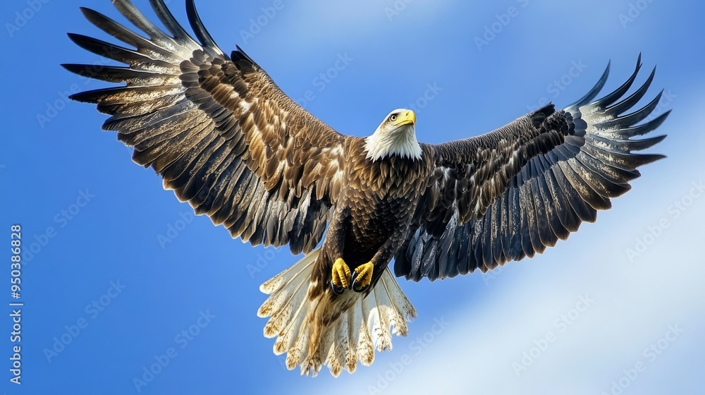 Fototapeta premium A powerful eagle soaring through a clear blue sky, wings fully extended and sharp eyes focused on the ground below