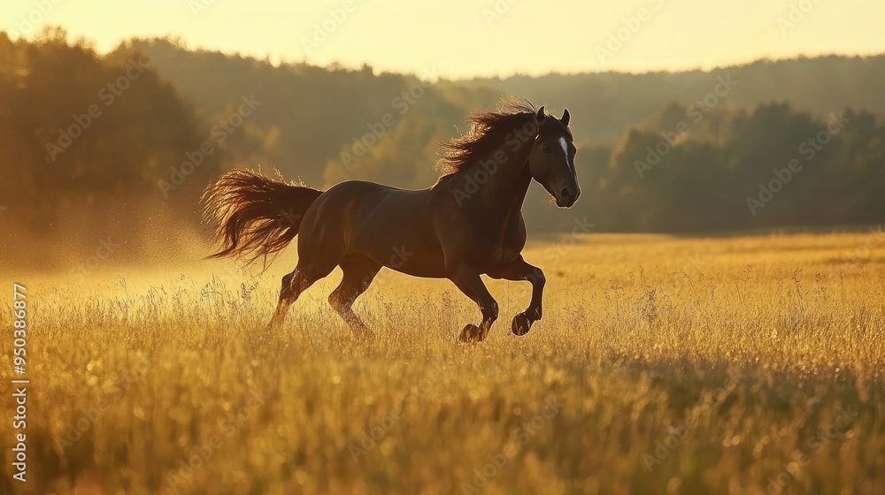 A powerful stallion galloping through an open field, its mane and tail flowing freely in the wind A powerful stallion galloping through an open field, its mane and tail flowing freely in the wind