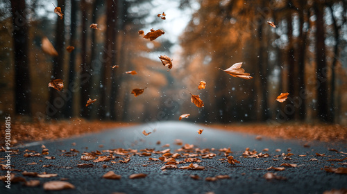 Autumn background. Withered leaves fall on the road, which is located in the middle of forest.