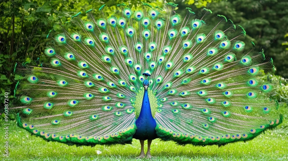 Obraz premium A regal peacock displaying its vibrant, colorful tail feathers in full spread against a lush green background