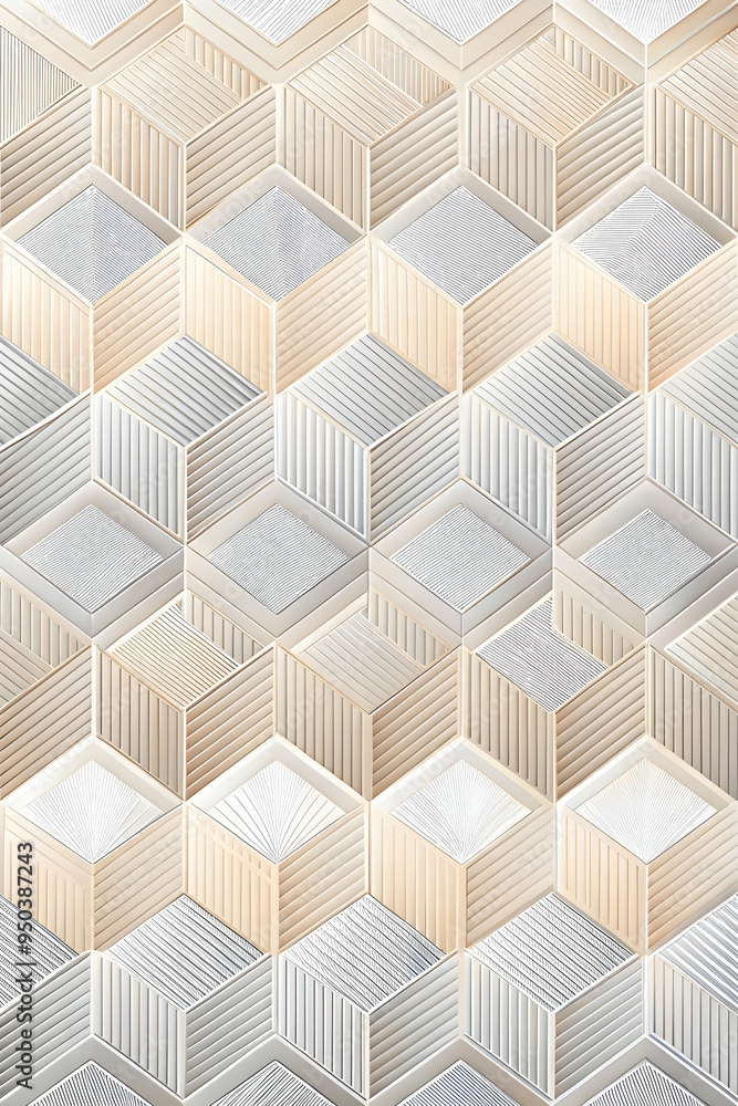 Fototapeta premium Geometric Marble Tile Pattern: Abstract, minimalist, and sophisticated, this seamless pattern features a captivating interplay of 3D cubes in soft, calming hues of beige and gray. Perfect for modern d
