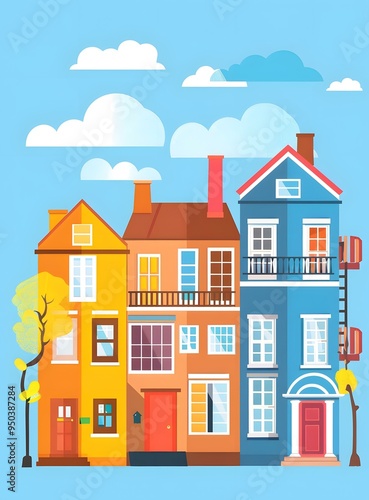 Colorful Townhouses with Blue Sky and White Clouds