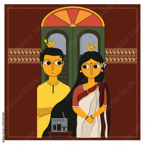 Bengali Culture traditional dress panjabi saree boy girl with classic window arc design