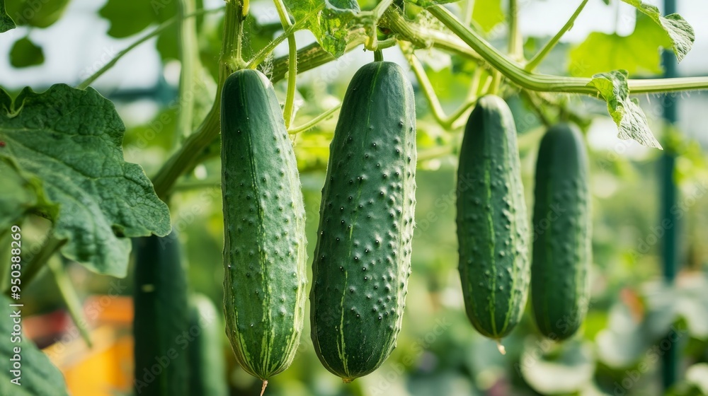 Long cucumbers on a branch in a greenhouse Long cucumbers on a branch in a greenhouse