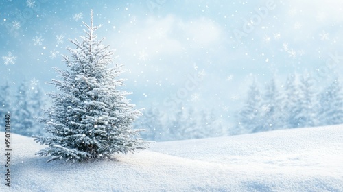 A snowy winter landscape with a decorated Christmas tree and falling snowflakes in the background