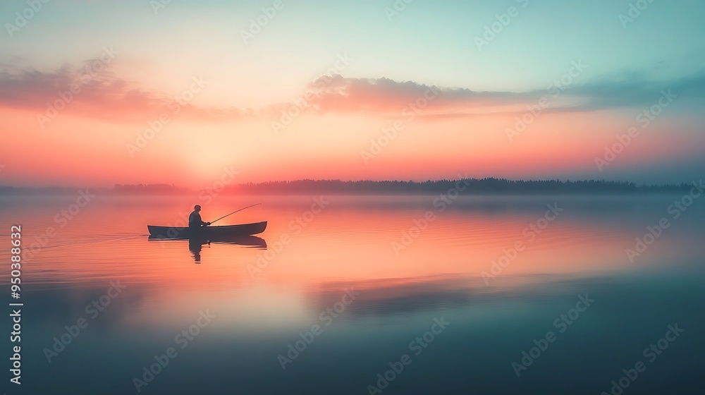 A peaceful lakeside scene at dawn with a lone fisherman in a small boat, calm waters, and the first rays of sunlight A peaceful lakeside scene at dawn with a lone fisherman in a small boat, calm waters, and the first rays of sunlight