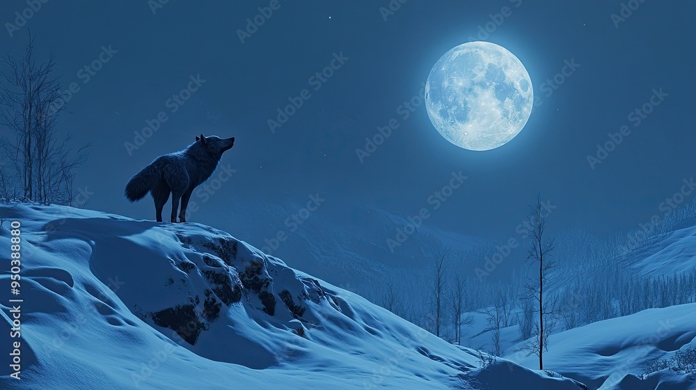 Fototapeta premium A solitary wolf standing on a snow-covered hill, howling at the full moon in the background