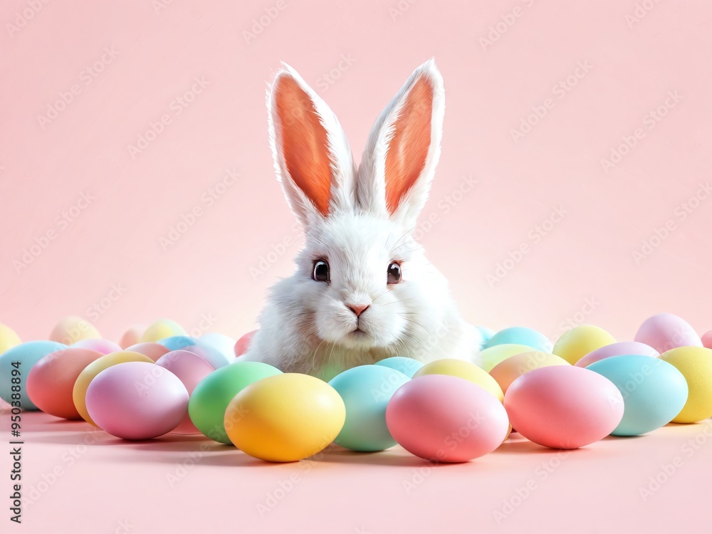 A fluffy white rabbit surrounded by colorful pastel Easter eggs on a soft pink background during the spring season A fluffy white rabbit surrounded by colorful pastel Easter eggs on a soft pink background during the spring season