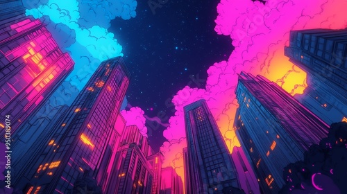 A vibrant cityscape at night featuring towering skyscrapers illuminated in neon colors against a starry sky with dynamic clouds