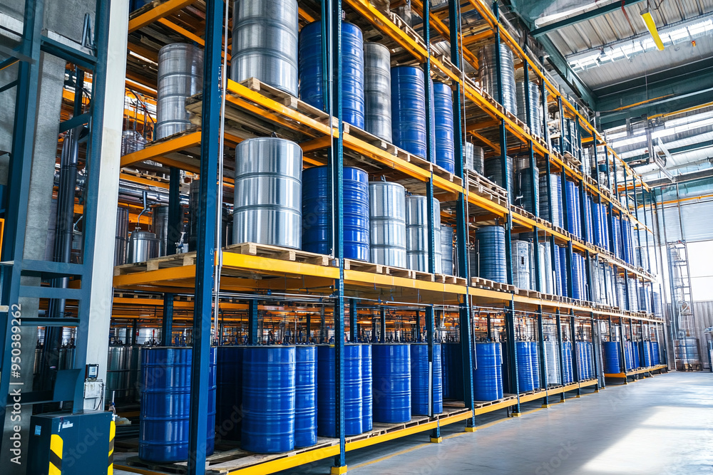 Warehouse of barrels with oil products in them. A large number of racks and barrels. Warehouse of barrels with oil products in them. A large number of racks and barrels.