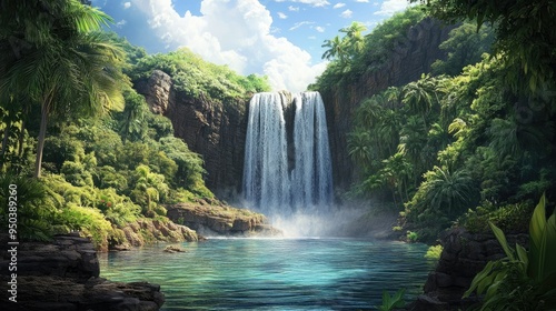 A stunning view of a tropical waterfall cascading into a crystal-clear pool surrounded by lush greenery