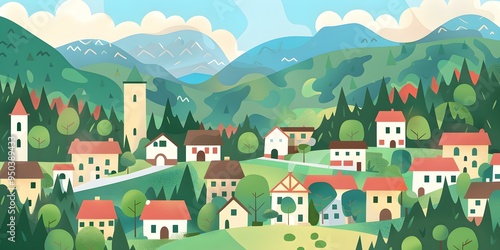 Cute Cartoon Illustration of Green Hills, Trees, and Houses