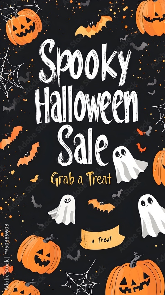 Spooky Halloween Sale Banner with Pumpkins Ghosts and Bats in Eerie Orange and Black Spooky Halloween Sale Banner with Pumpkins Ghosts and Bats in Eerie Orange and Black