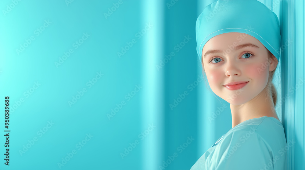 Young nurse smiling in uniform against a turquoise background Young nurse smiling in uniform against a turquoise background