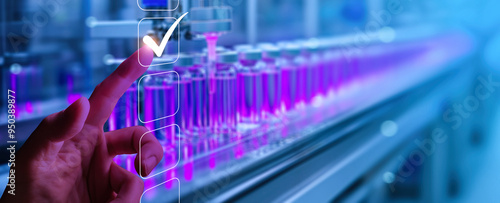 a hand touching a virtual checklist with a checkmark, symbolizing approval, against the backdrop of an automated pharmaceutical production line.
