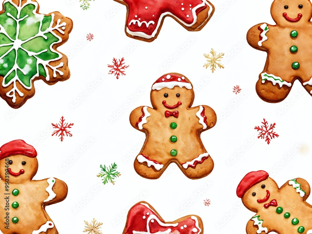 Festive gingerbread cookies decorated with icing, positioned on a white background during the holiday season Festive gingerbread cookies decorated with icing, positioned on a white background during the holiday season