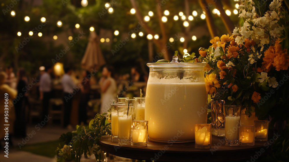Horchata Pitcher at Outdoor Night Party with String Lights Horchata Pitcher at Outdoor Night Party with String Lights