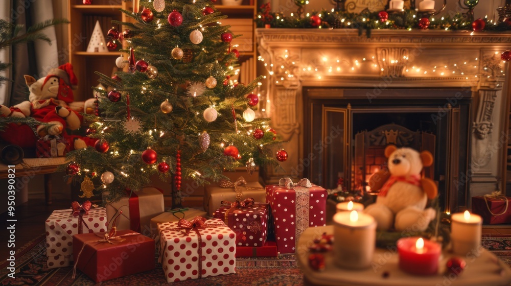 A cozy living room with a Christmas tree, presents, and a teddy bear A cozy living room with a Christmas tree, presents, and a teddy bear