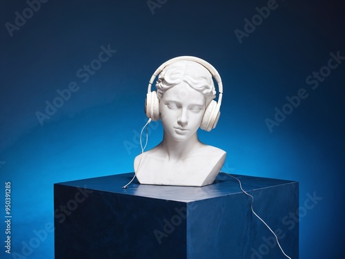 A white marble bust adorned with headphones sits on a blue pedestal against a gradient blue background, showcasing a blend of art and technology photo