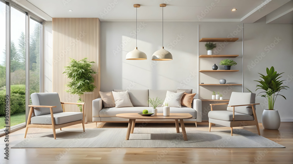 Modern Minimalist Living Room: A serene and stylish living room features a contemporary gray sofa, two matching armchairs, a coffee table, and a rug. Sunlight streams in through large windows, Modern Minimalist Living Room: A serene and stylish living room features a contemporary gray sofa, two matching armchairs, a coffee table, and a rug. Sunlight streams in through large windows,