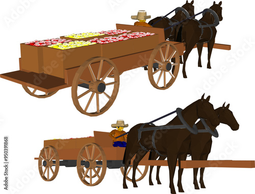 Vector sketch illustration design of horse-drawn cart carrying fruit